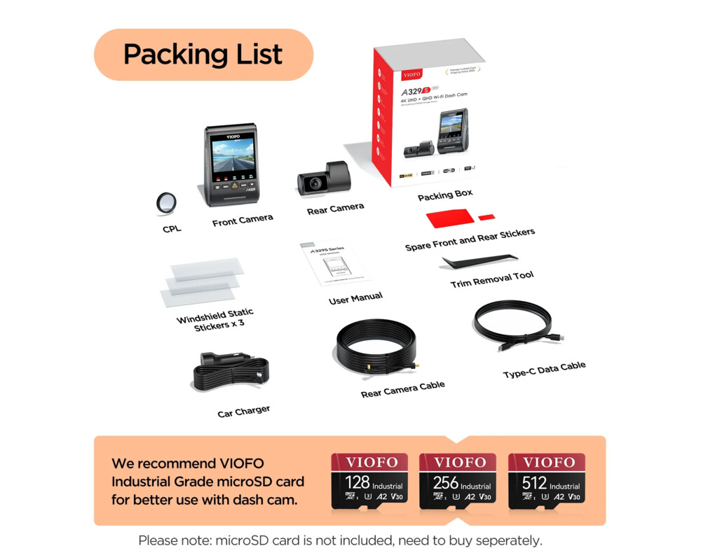 Видеорегистратор VIOFO Dash Cam A329S 2 Channel - 4K 7
