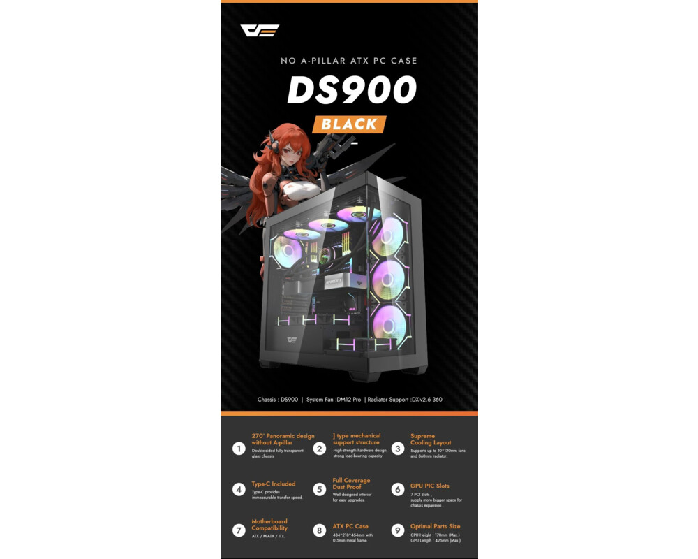Кутия Darkflash ATX - DS900 Black - 7 x 120 mm A-RGB fans included 9