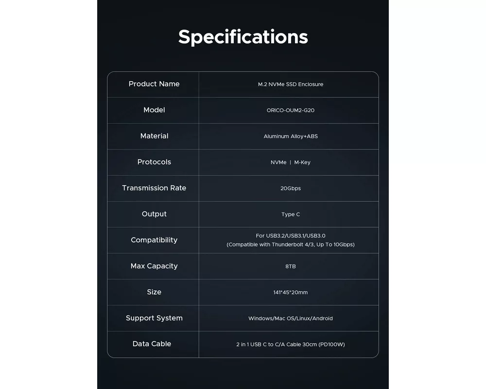 Аксесоар за съхранение Orico външна кутия за диск Storage - Case - M.2 NVMe M key - USB-C/A 18