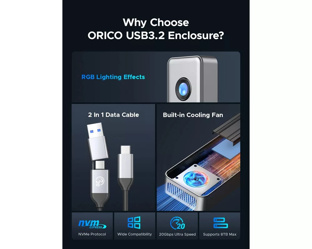 Аксесоар за съхранение Orico външна кутия за диск Storage - Case - M.2 NVMe M key - USB-C/A 17