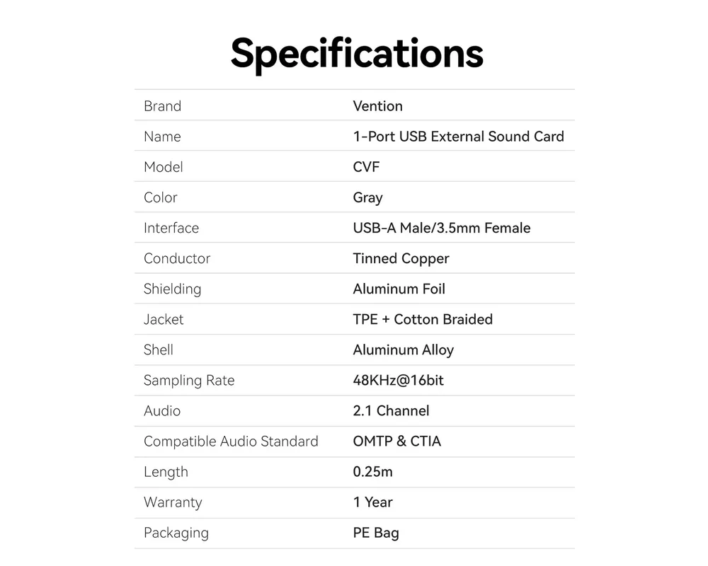 Звукова карта Vention USB Sound card 1-Port 0.25M Gray... 9