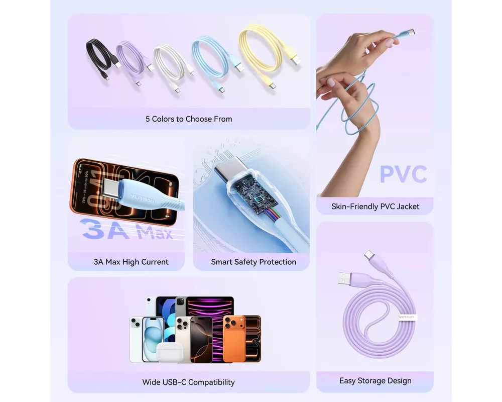 Кабел Vention Кабел USB 2.0 A Male to C Male 3... 3