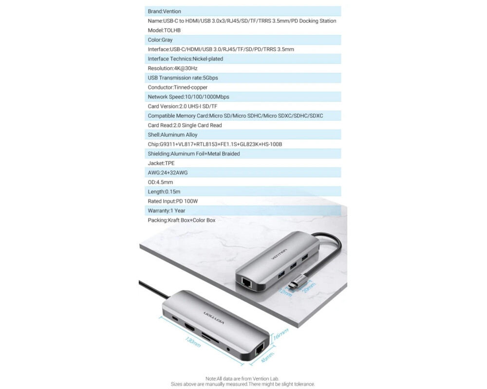 Докинг станция Vention Docking Station Type-C - TOLHB - HDMI x 1 15