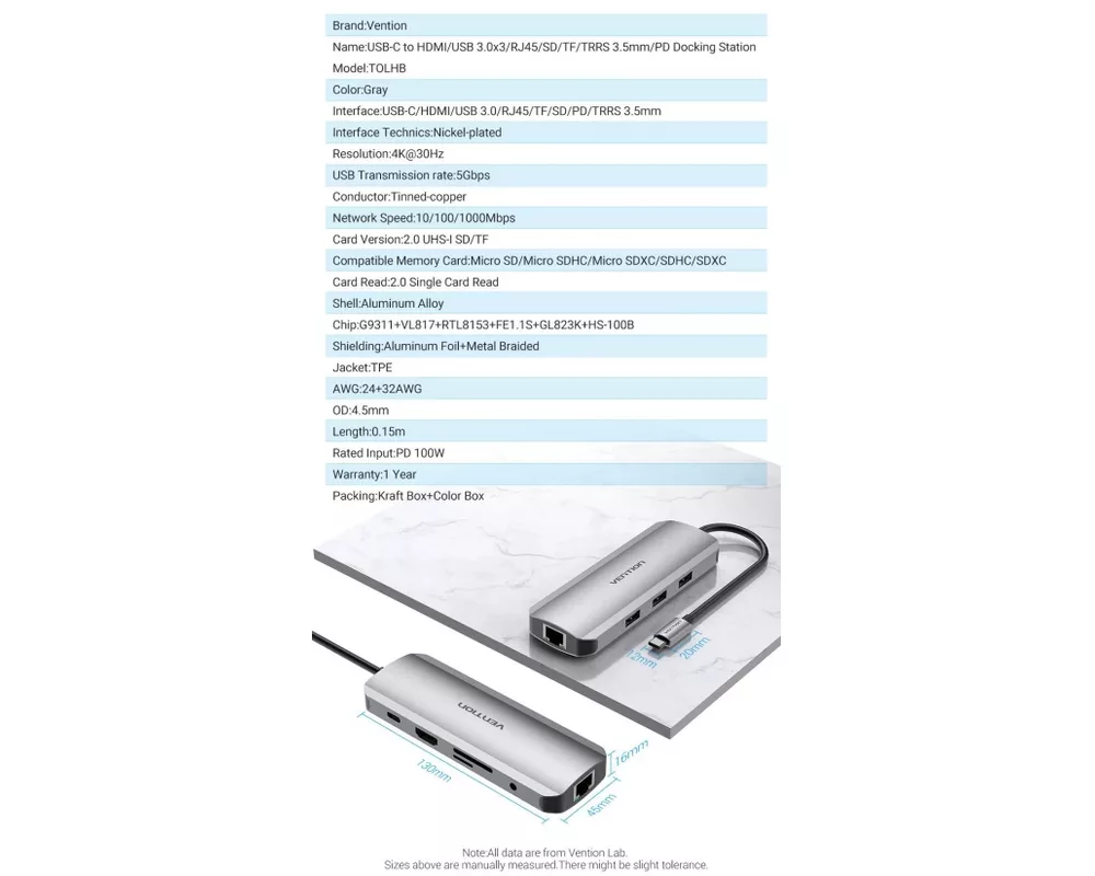 Докинг станция Vention Docking Station Type-C - TOLHB - HDMI x 1 15