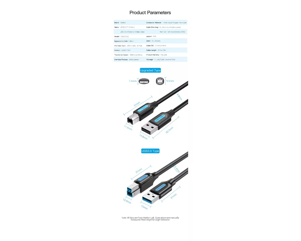 Кабел Vention Кабел USB 3.0 AM / BM - 0.5M Bla... 11