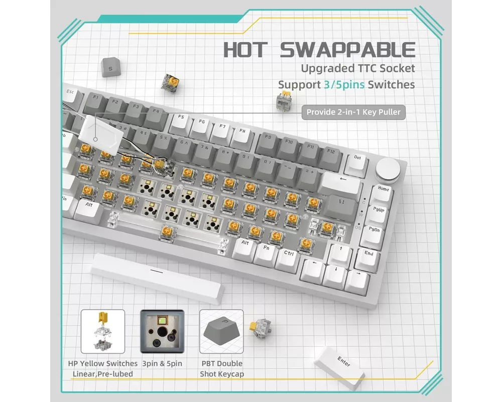 Клавиатура Ajazz геймърска механична AK820 - Mille feuille Yellow Switches [Linear] 8