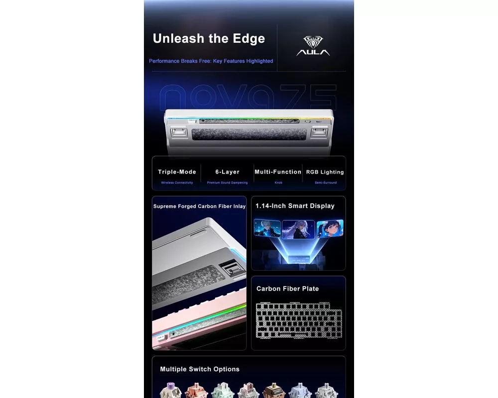 Клавиатура Aula геймърска механична клавиатура Wireless Gaming Mechanical Keyboard NOVA 75 - Star Vector Switch [Linear] 5