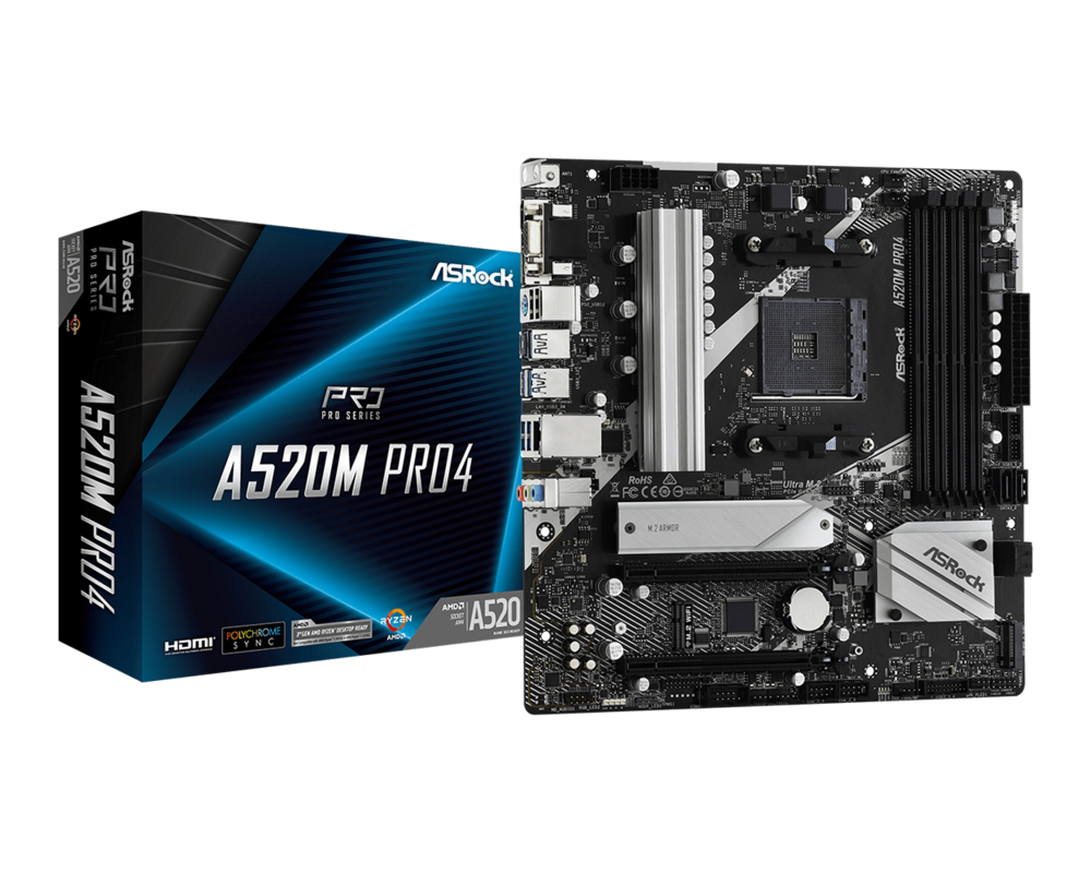 Дънна платка ASROCK A520M PRO4 AM4 2xDDR4 4xSATA 2xM.2 mATX MB 7