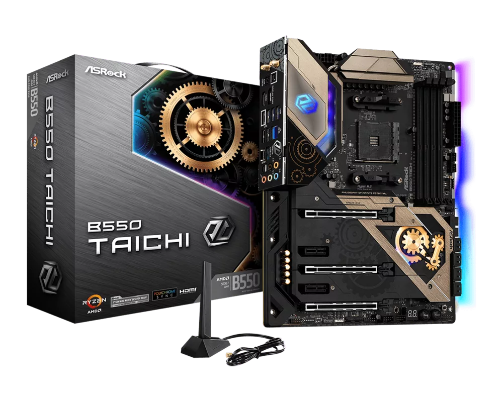 Дънна платка ASROCK B550 Taichi ATX MB 3rd Gen AMD AM4 DDR4 4733+ 1 x PCIe 3.0 x16 HDMI 7.1 CH HD 8 SATA3 USB 3.2 Gen2 Wi-Fi 6 802.11ax + BT 5.1 6