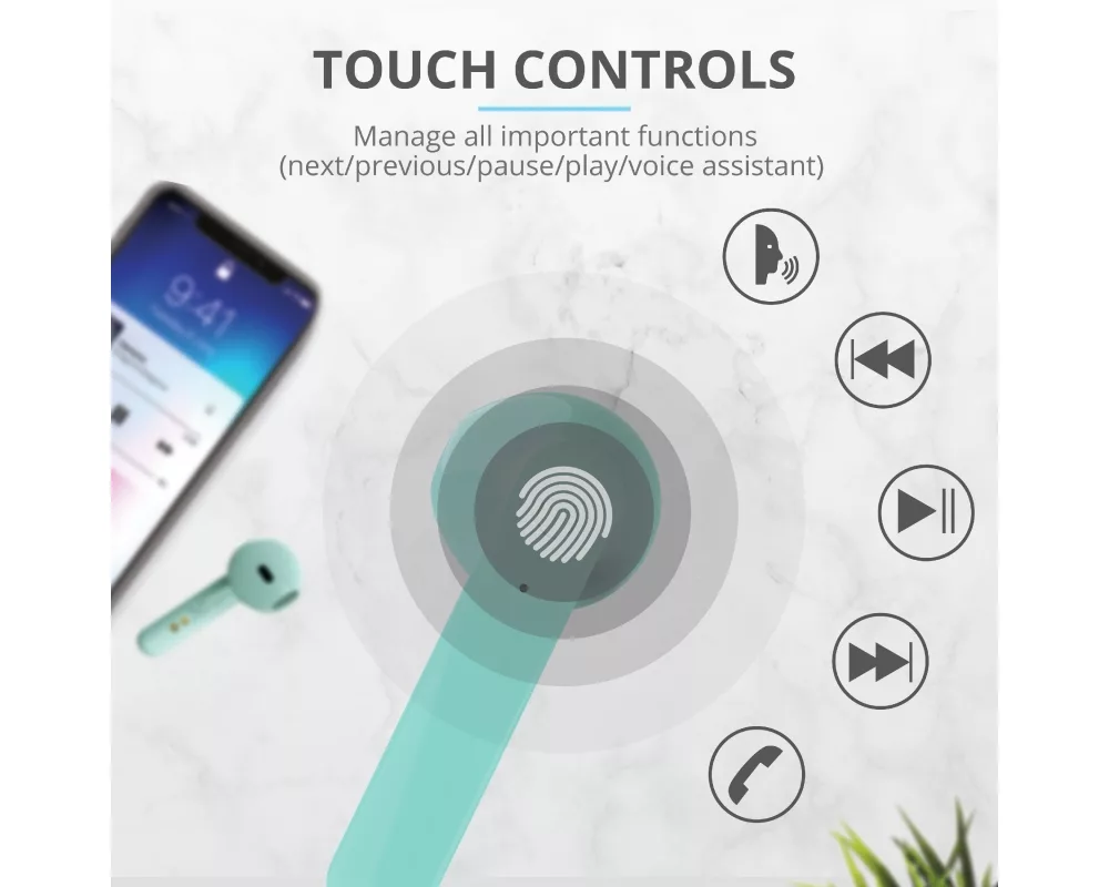 Слушалки TRUST Primo Touch Bluetooth Earphones Mint 9