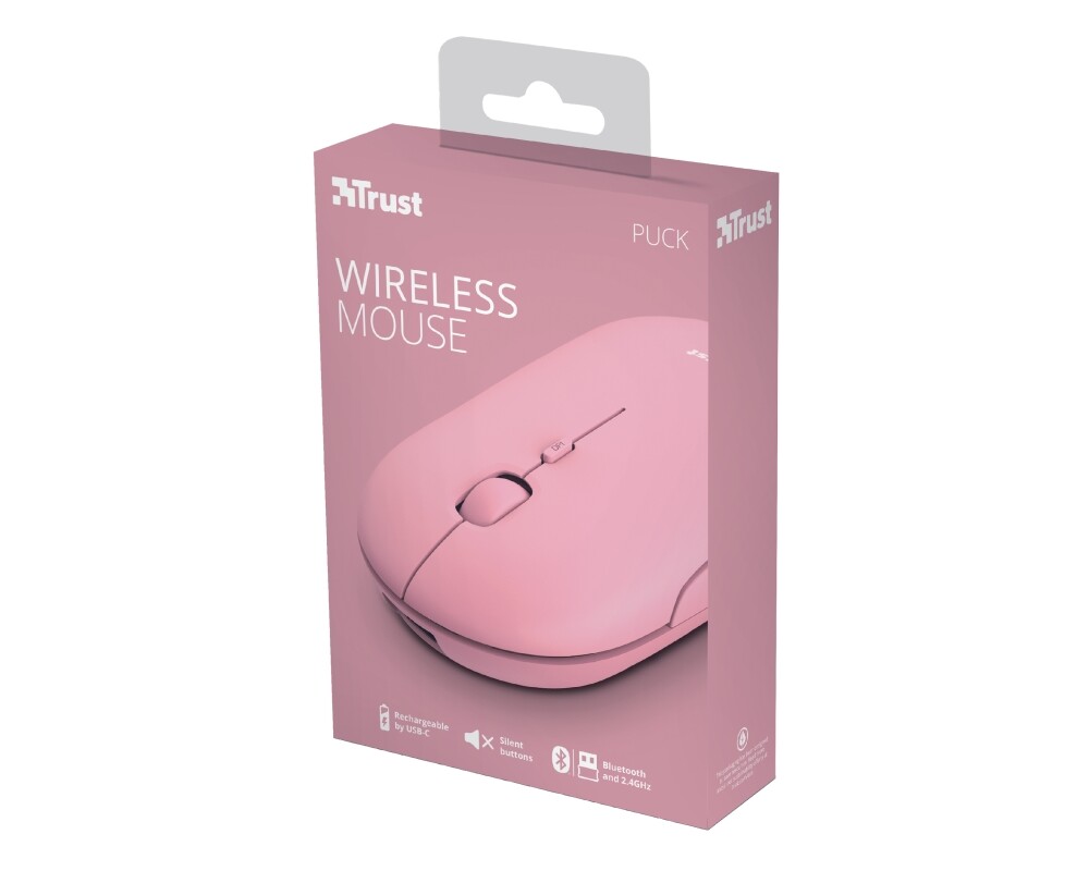 Мишка TRUST Puck Wireless & BT Rechargeable Mouse Pink 9