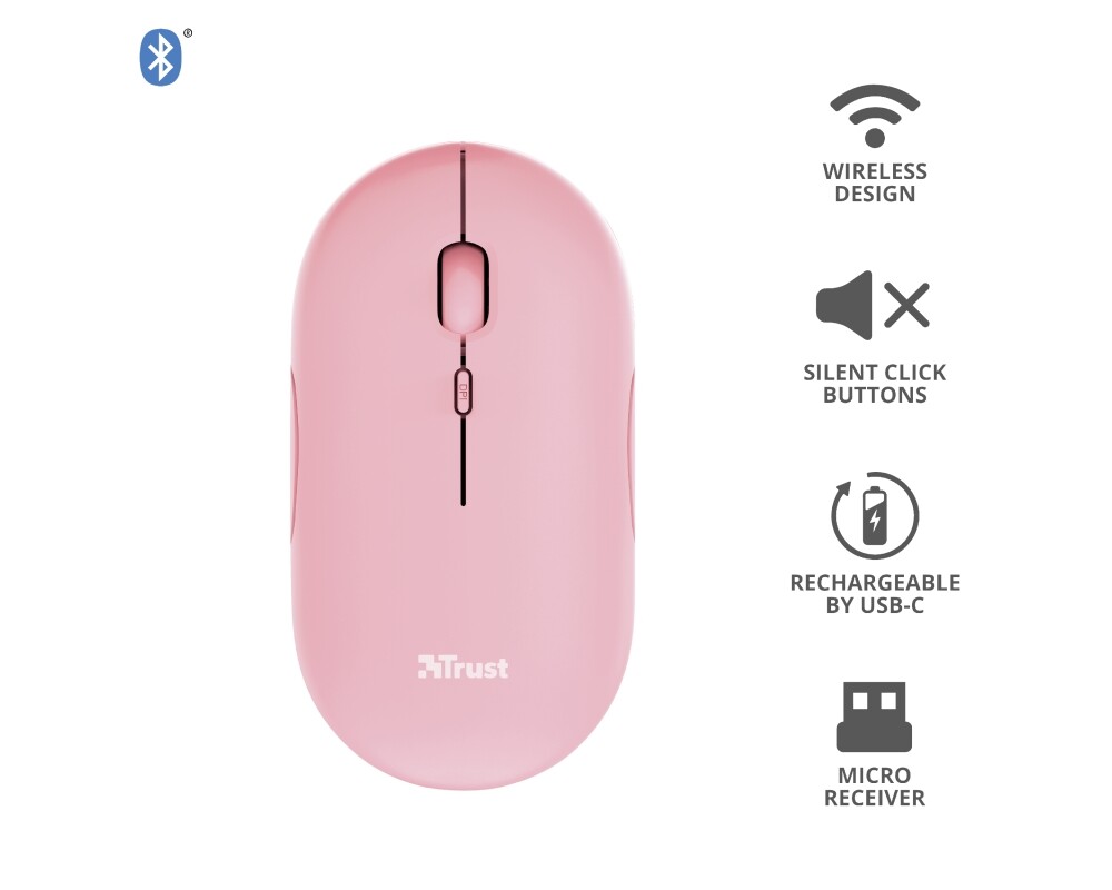 Мишка TRUST Puck Wireless & BT Rechargeable Mouse Pink 8