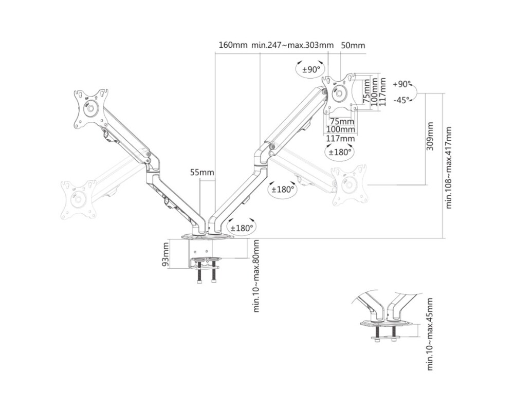 Стойка Neomounts Flat Screen Desk Mount (stand/grommet) for 2 screens 13