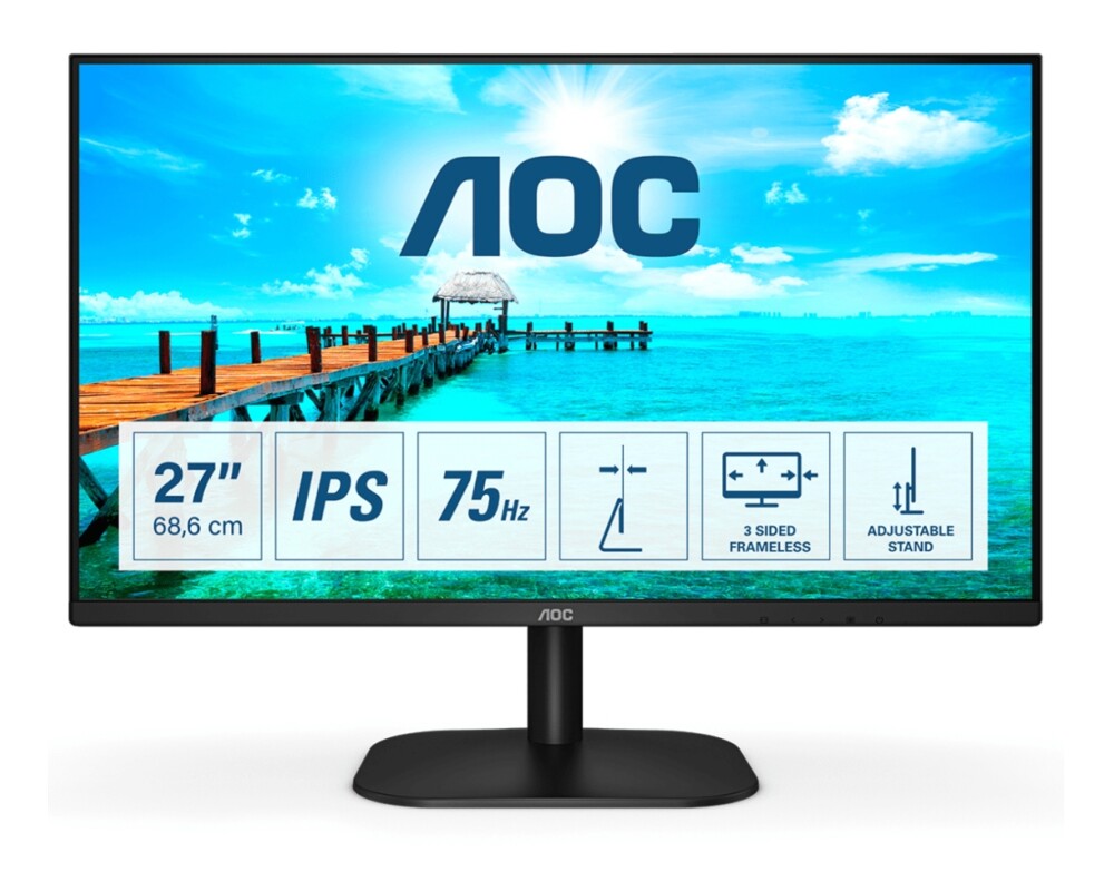 Монитор AOC 27B2DA 27inch IPS FHD 1920x1080 16:9 250nits 75Hz 1000:1 4ms HDMI1.4 VGA DVI Headphone out Black Cable included 3