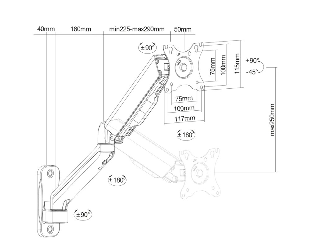 Стойка Neomounts wall mounted gas spring monitor arm (3 pivots VESA 100x100) 7