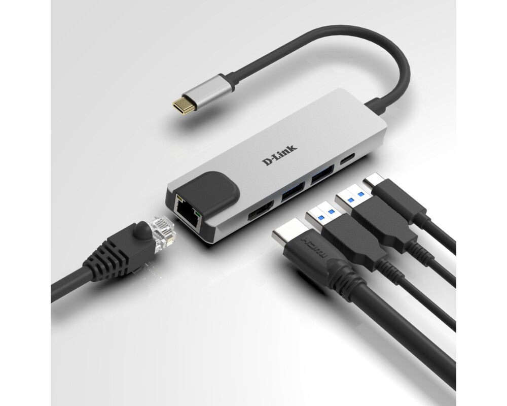 USB хъб D-Link 5-in-1 USB-C Hub with HDMI/Ethernet and Power Delivery 3