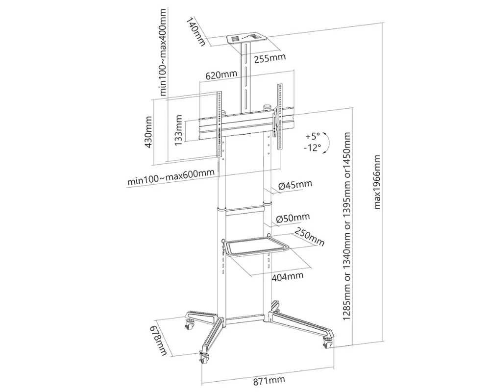 Стойка Neomounts Mobile Floor Stand incl. AV- and cam shelf (height adjustable: 128.5-145 cm) 6