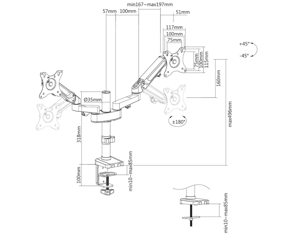 Стойка Neomounts Desk Pole Mount (clamp/grommet) for 2 Monitor Screens 6