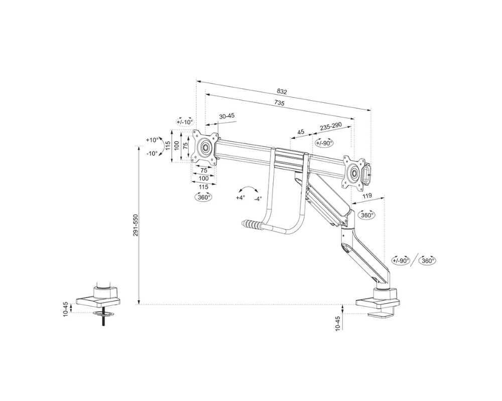 Стойка Neomounts Screen Desk Mount 2 screens (topfix clamp & grommet) for 2 Monitor Screens 11