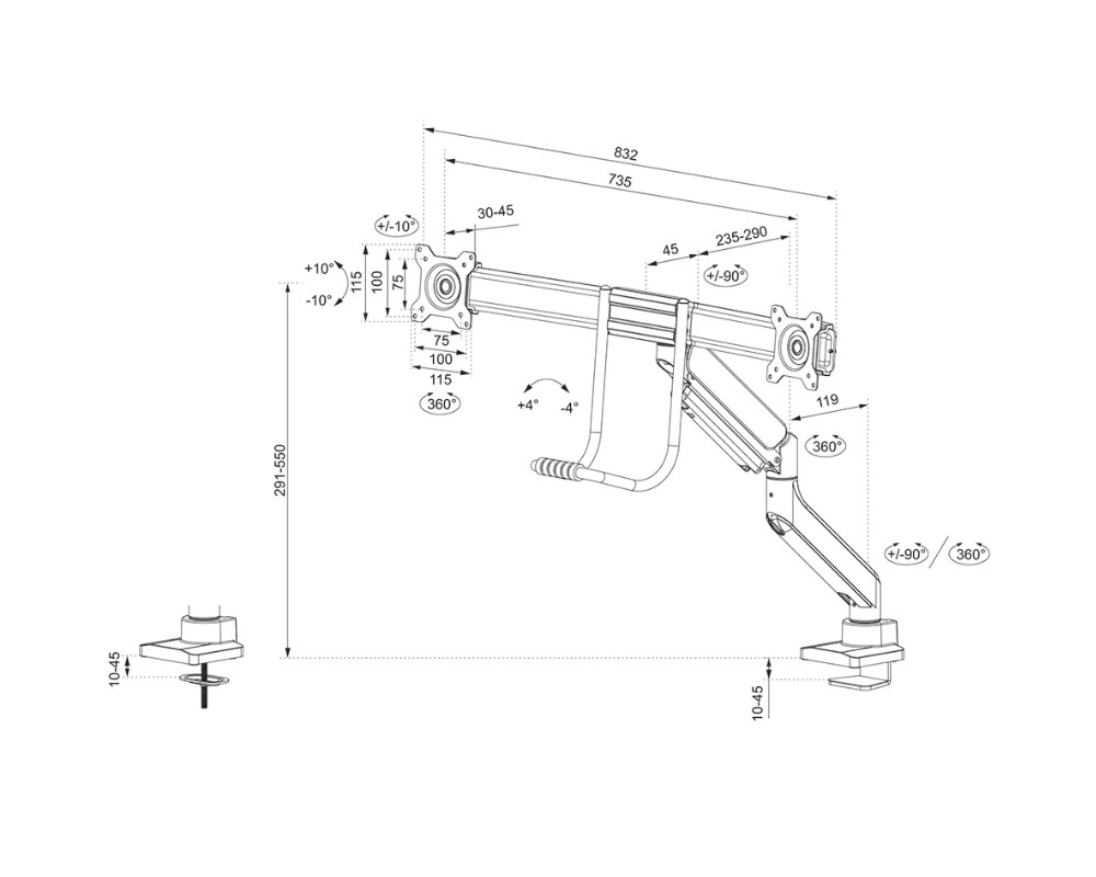 Стойка Neomounts Screen Desk Mount 2 screens (topfix clamp & grommet) for 2 Monitor Screens 10