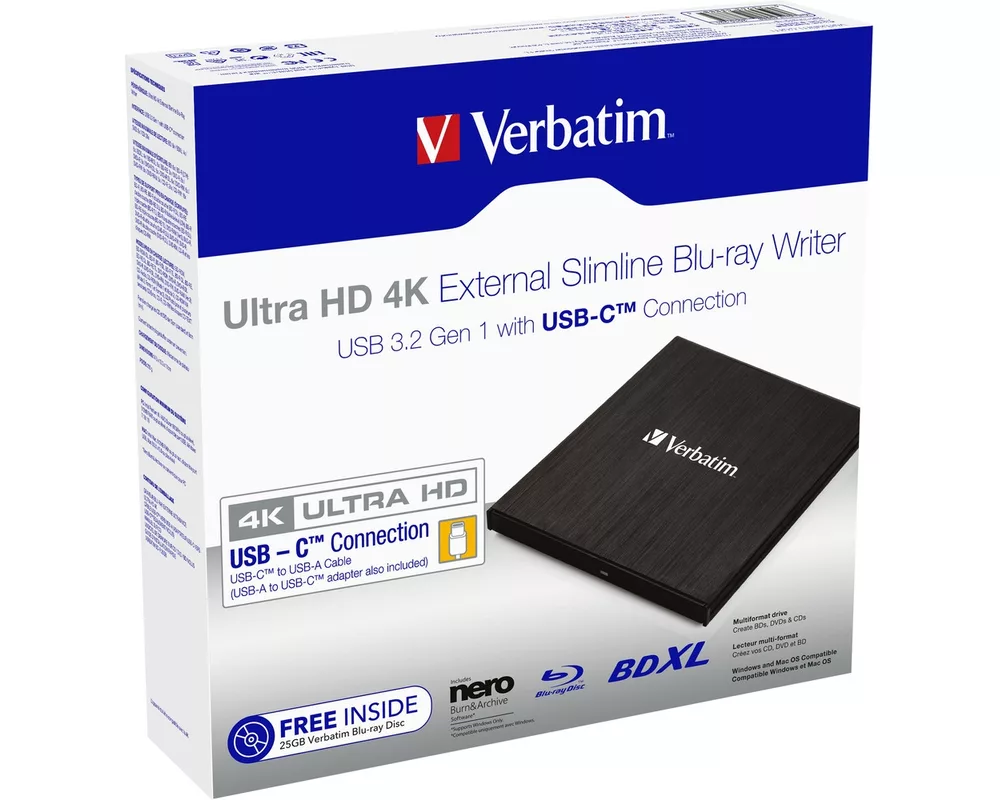 Оптично устройство Verbatim Ultra HD 4K Blu-ray Writer USB-C 3