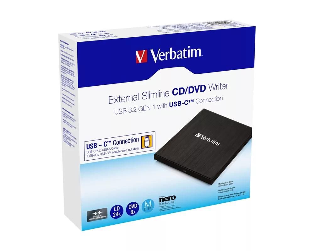 Оптично устройство Verbatim External Slimline CD/DVD Writer USB 3.2 Gen 1/USB-C 3