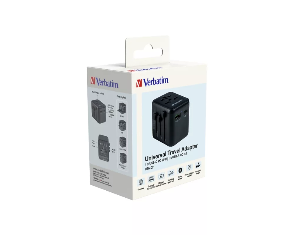 Зарядно Verbatim UTA-02 Universal Travel Adapter with 1 x USB-C PD 20W / 1 x USB-A QC 3.0 9