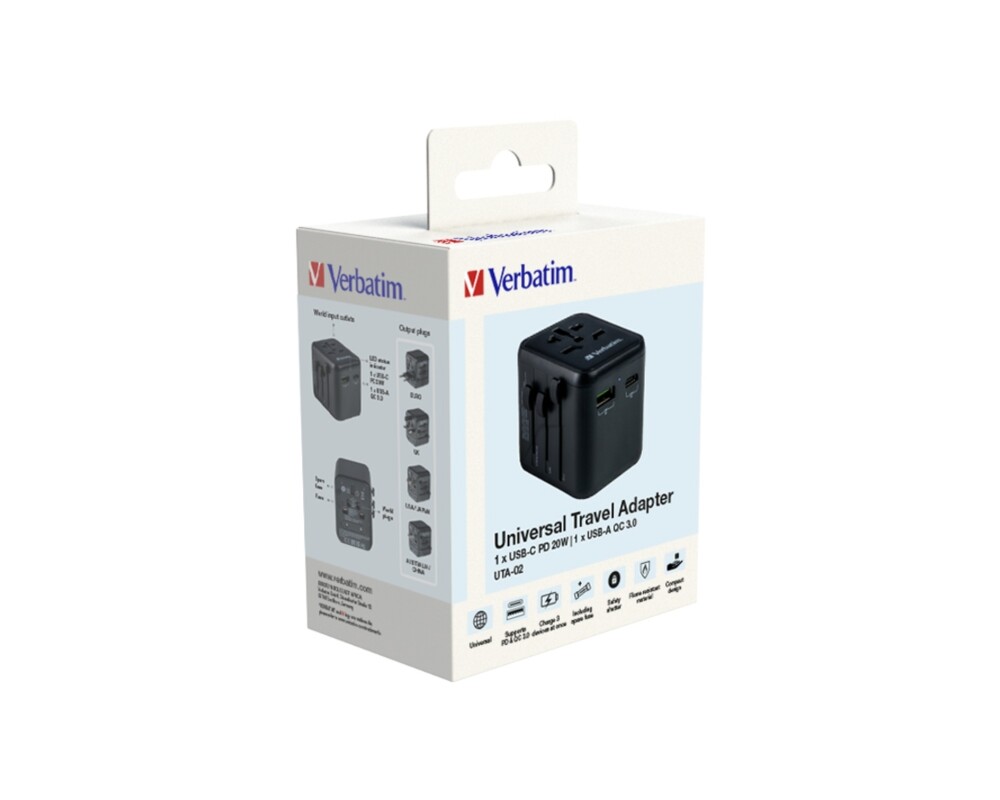 Зарядно Verbatim UTA-02 Universal Travel Adapter with 1 x USB-C PD 20W / 1 x USB-A QC 3.0 9