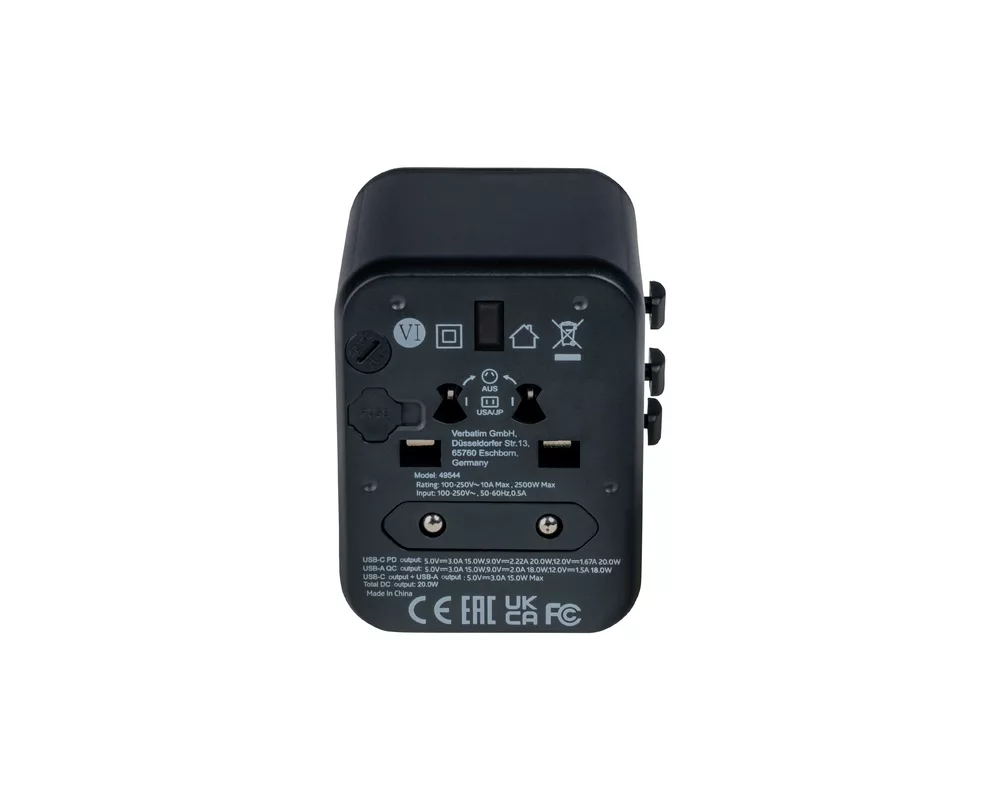 Зарядно Verbatim UTA-02 Universal Travel Adapter with 1 x USB-C PD 20W / 1 x USB-A QC 3.0 8