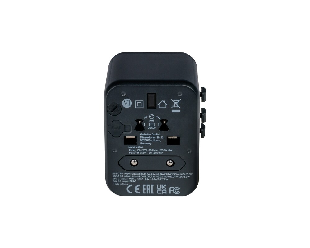 Зарядно Verbatim UTA-02 Universal Travel Adapter with 1 x USB-C PD 20W / 1 x USB-A QC 3.0 8