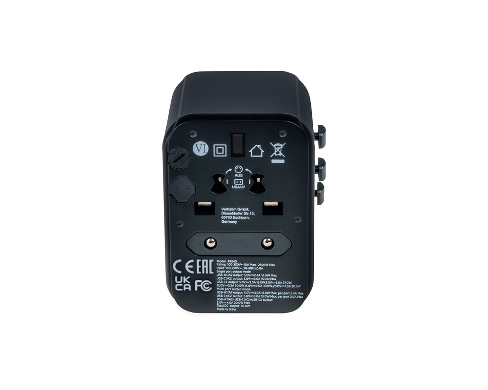 Зарядно Verbatim UTA-03 Universal Travel Adapter with 1 x USB-C PD 30W & QC 3.0 / 2 x USB-C / 2 x USB-A 8