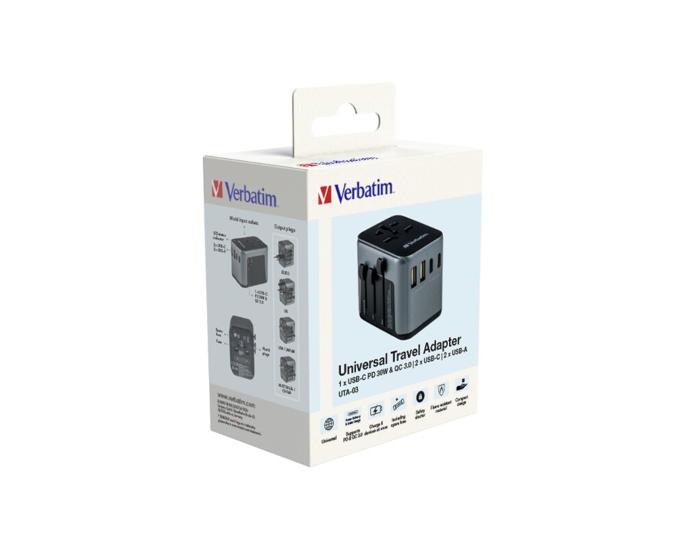 Зарядно Verbatim UTA-03 Universal Travel Adapter with 1 x USB-C PD 30W & QC 3.0 / 2 x USB-C / 2 x USB-A 9