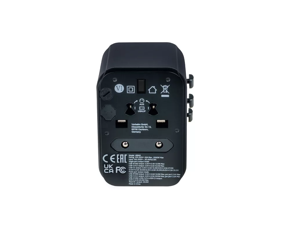 Зарядно Verbatim UTA-03 Universal Travel Adapter with 1 x USB-C PD 30W & QC 3.0 / 2 x USB-C / 2 x USB-A 8