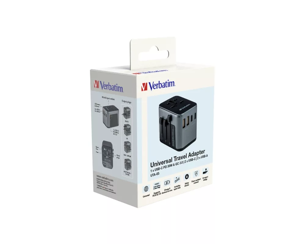 Зарядно Verbatim UTA-03 Universal Travel Adapter with 1 x USB-C PD 30W & QC 3.0 / 2 x USB-C / 2 x USB-A 9
