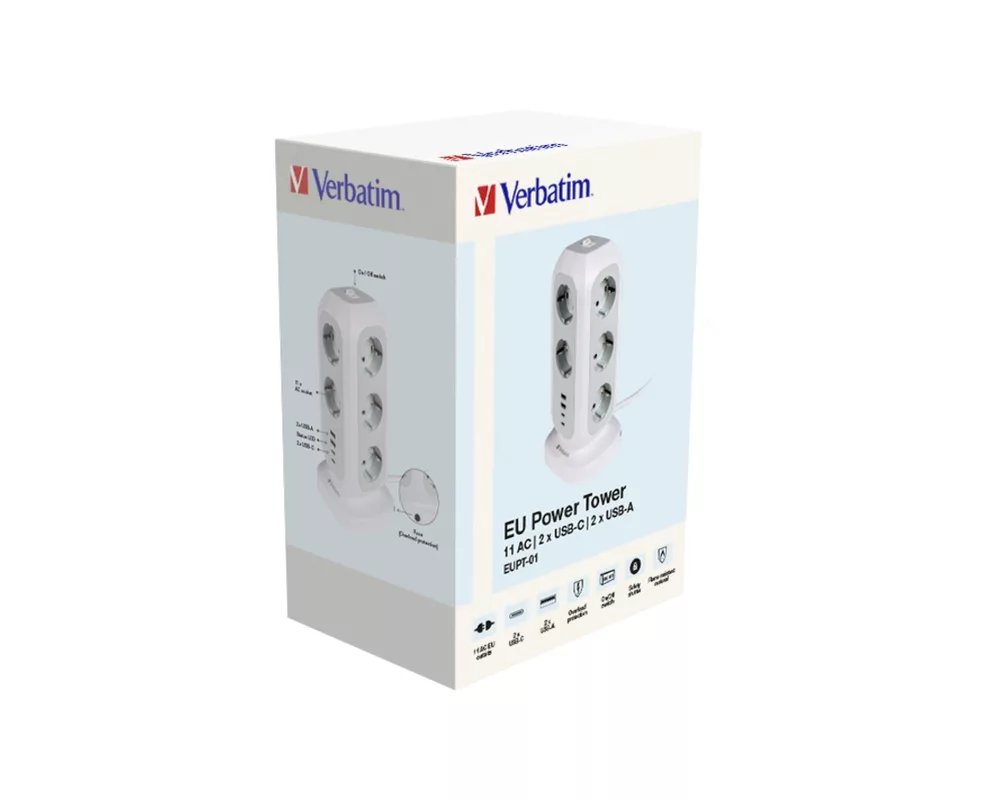Разклонител Verbatim EUPT-01 EU Power Tower 11 AC with 2 x USB-C / 2 x USB-A 7