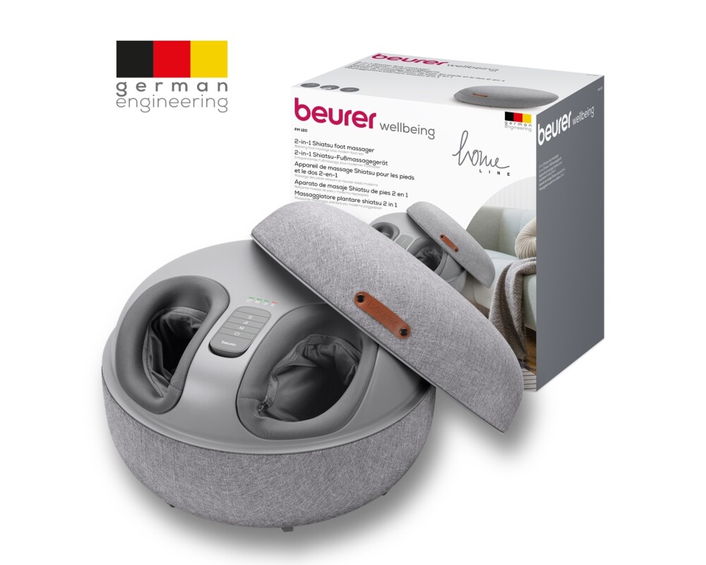 Масажор Beurer FM 120 Shiatsu foot massager + modern stool; Shiatsu and air pressure massage; Heat function; 3 massage programmes; 3 intensity levels of air compression massage; shoe size 46; washable and removable cover; wireless control 8