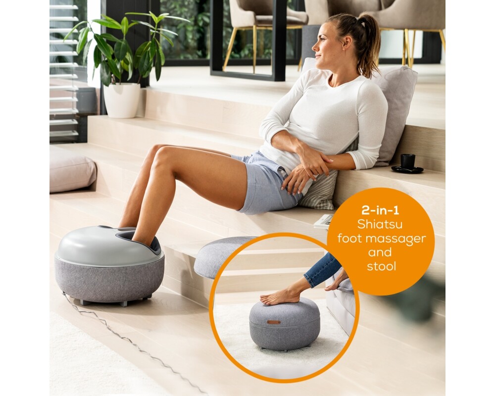 Масажор Beurer FM 120 Shiatsu foot massager + modern stool; Shiatsu and air pressure massage; Heat function; 3 massage programmes; 3 intensity levels of air compression massage; shoe size 46; washable and removable cover; wireless control 4