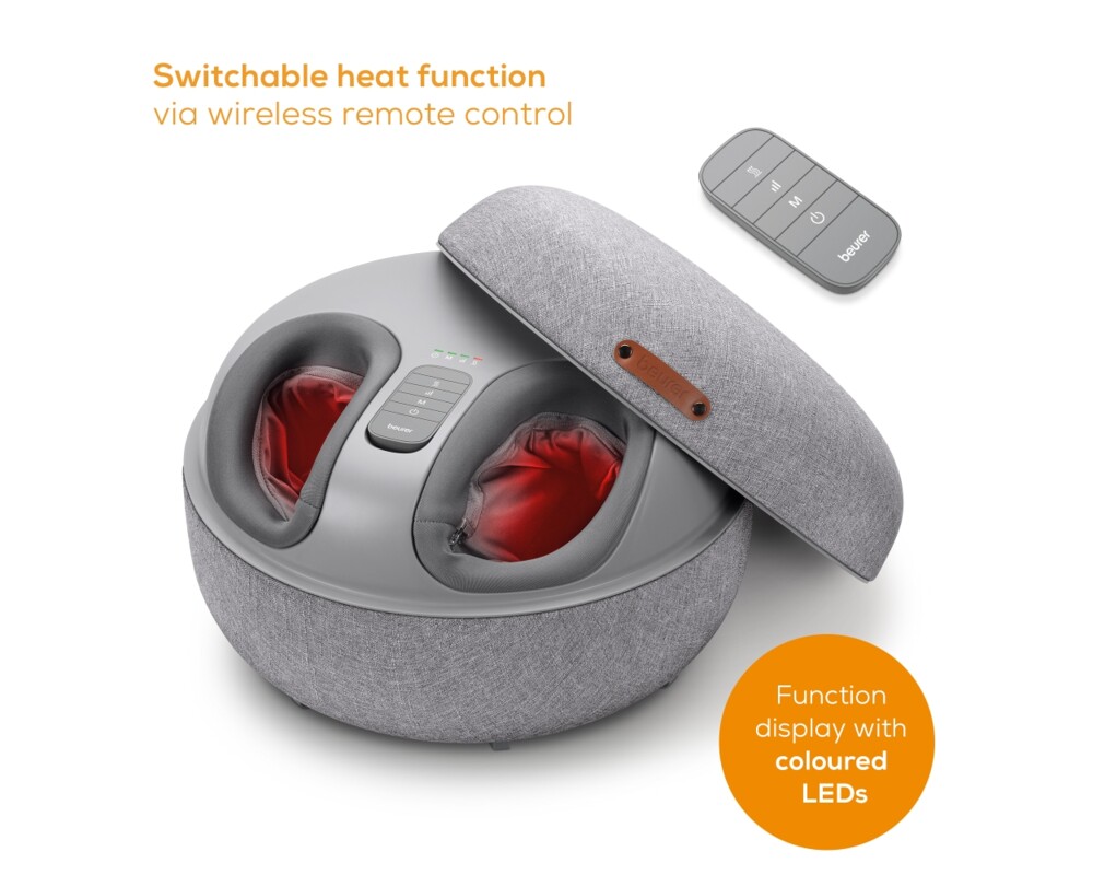 Масажор Beurer FM 120 Shiatsu foot massager + modern stool; Shiatsu and air pressure massage; Heat function; 3 massage programmes; 3 intensity levels of air compression massage; shoe size 46; washable and removable cover; wireless control 6