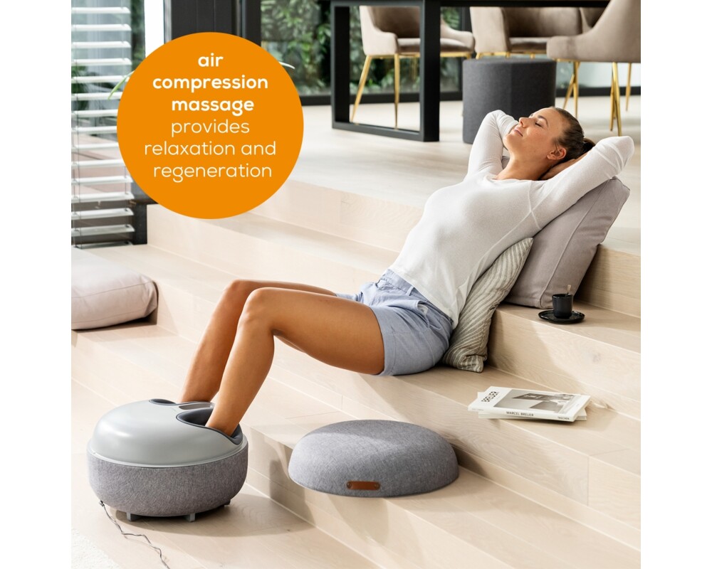 Масажор Beurer FM 120 Shiatsu foot massager + modern stool; Shiatsu and air pressure massage; Heat function; 3 massage programmes; 3 intensity levels of air compression massage; shoe size 46; washable and removable cover; wireless control 5