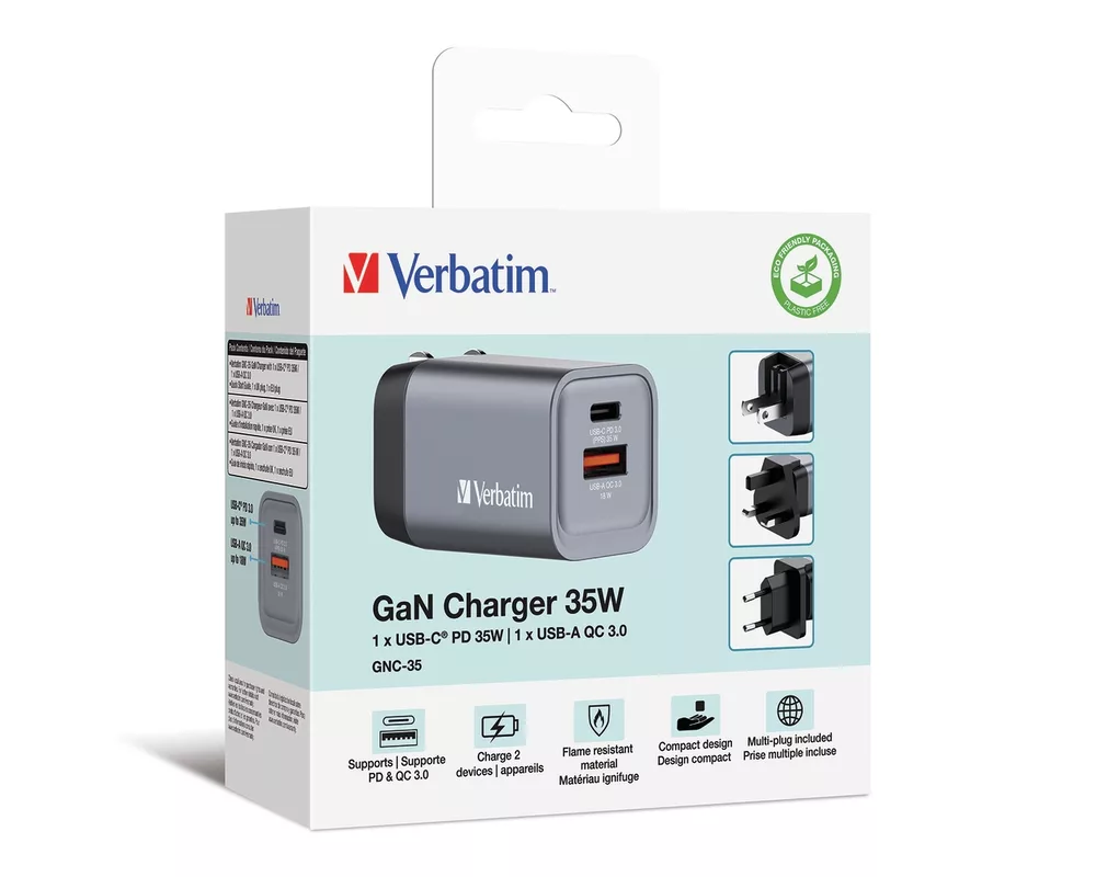 Зарядно Verbatim GNC-35 GaN Charger 2 Port 35W USB A/C (EU/UK/US) 6