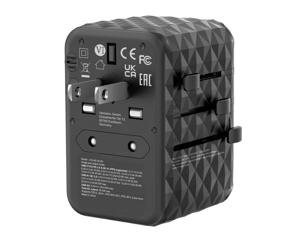 Зарядно Verbatim UTA-05 GaN III Universal Travel Adapter with 2 x USB-C PD 65W & QC 4+ / 2 x USB-A 7
