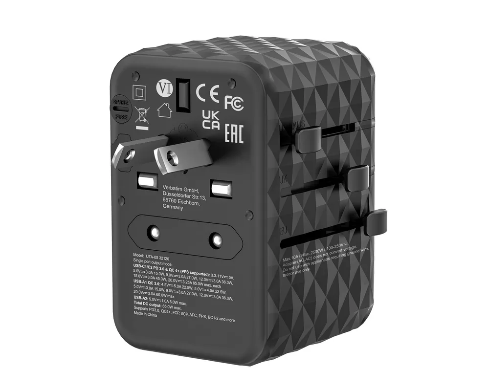 Зарядно Verbatim UTA-05 GaN III Universal Travel Adapter with 2 x USB-C PD 65W & QC 4+ / 2 x USB-A 3