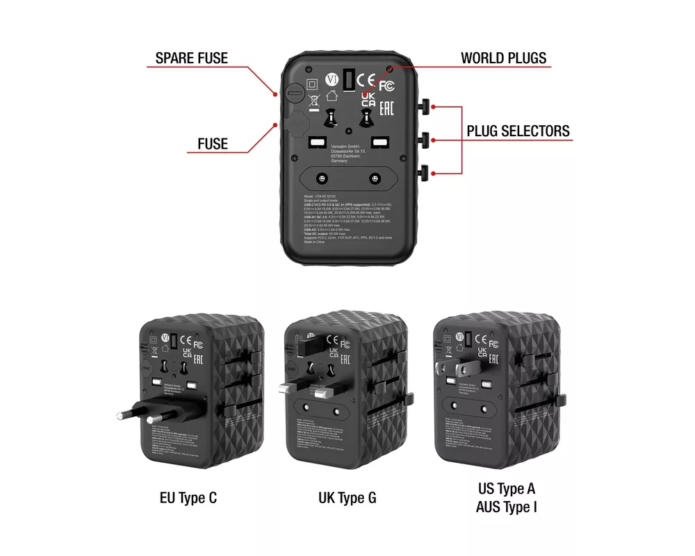 Зарядно Verbatim UTA-05 GaN III Universal Travel Adapter with 2 x USB-C PD 65W & QC 4+ / 2 x USB-A 11