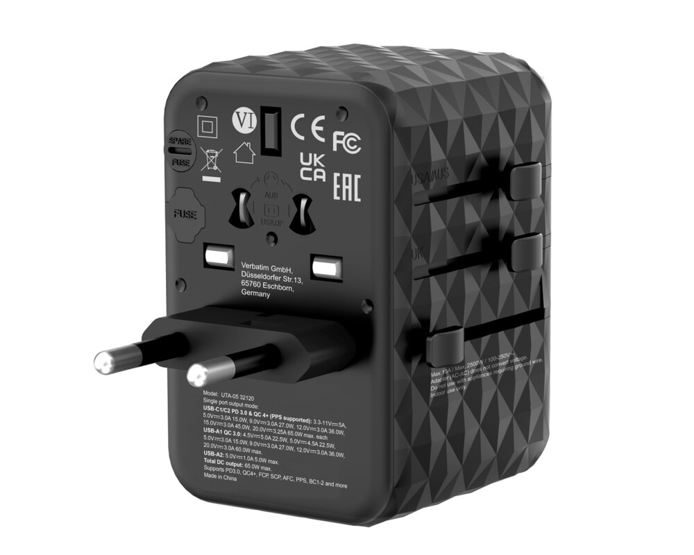Зарядно Verbatim UTA-05 GaN III Universal Travel Adapter with 2 x USB-C PD 65W & QC 4+ / 2 x USB-A 4