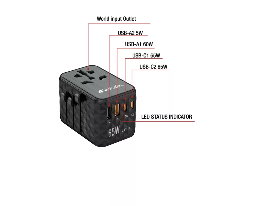 Зарядно Verbatim UTA-05 GaN III Universal Travel Adapter with 2 x USB-C PD 65W & QC 4+ / 2 x USB-A 10