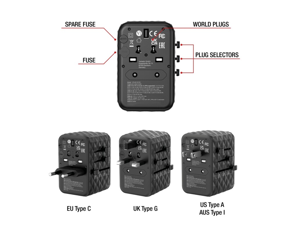 Зарядно Verbatim UTA-05 GaN III Universal Travel Adapter with 2 x USB-C PD 65W & QC 4+ / 2 x USB-A 11
