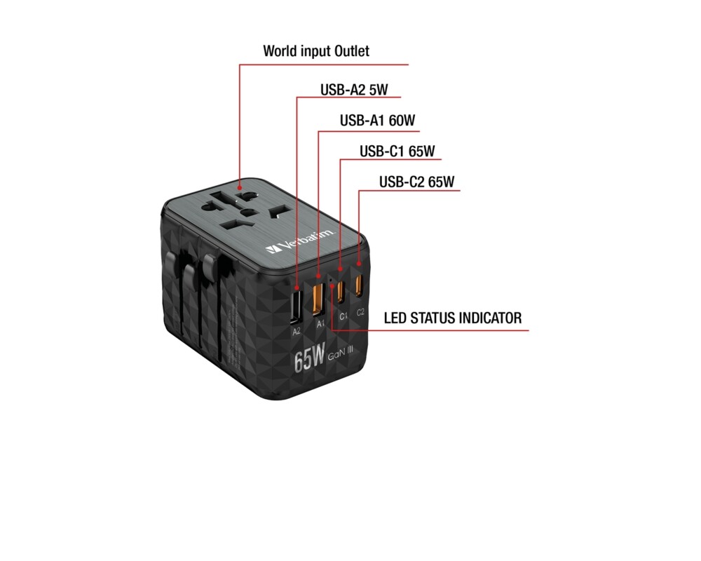Зарядно Verbatim UTA-05 GaN III Universal Travel Adapter with 2 x USB-C PD 65W & QC 4+ / 2 x USB-A 10