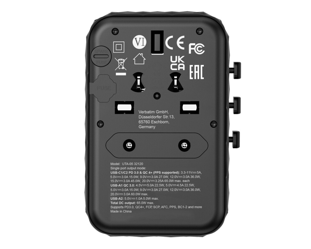Зарядно Verbatim UTA-05 GaN III Universal Travel Adapter with 2 x USB-C PD 65W & QC 4+ / 2 x USB-A 3