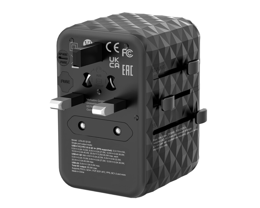 Зарядно Verbatim UTA-05 GaN III Universal Travel Adapter with 2 x USB-C PD 65W & QC 4+ / 2 x USB-A 9