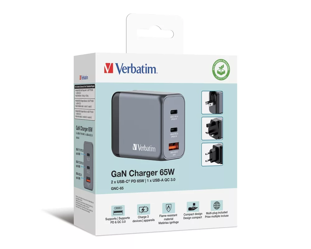Зарядно Verbatim GNC-65 GaN Charger 3 Port 65W USB A/C (EU/UK/US) 6